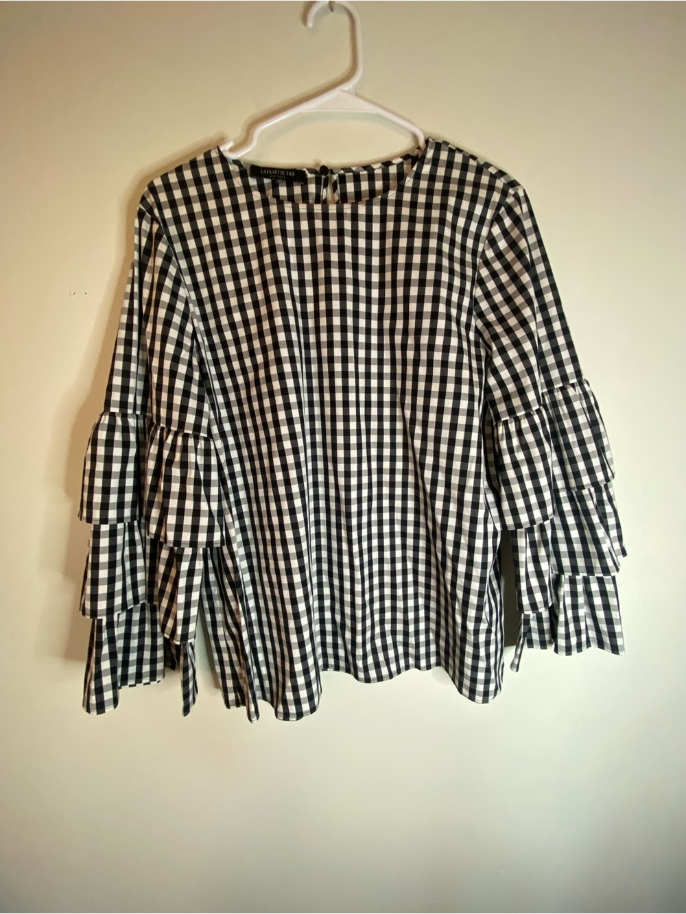 Lafayette 148 New York Black & White Gingham Tiered Bell-Sleeve Blouse
